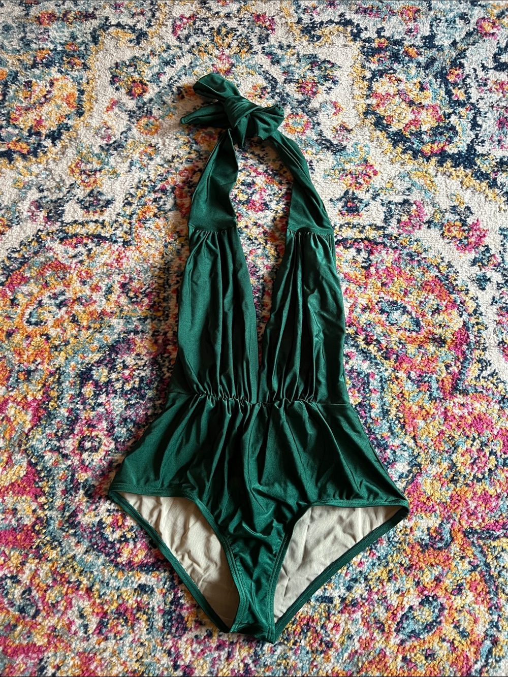 Unique Vintage Deep Green Halter One-Piece Swimsuit